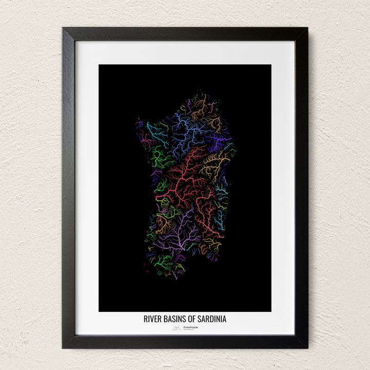 A colorful Grasshopper Geography river map on a light wall. The premium fine art poster is in a black frame with a white border. The name of the country, continent or region is printed under the image.