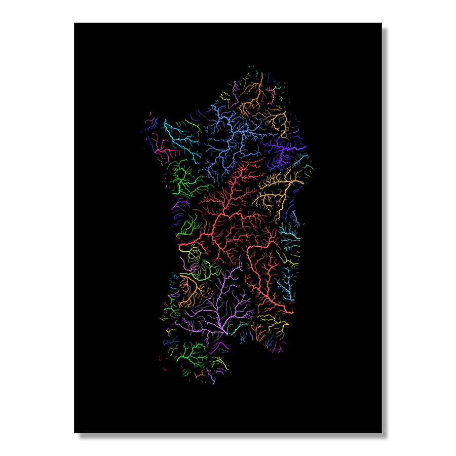 Sardinia - River basin map, rainbow colours - Wall Art by Grasshopper Geography. Image of a high-resolution map created by geographer Robert Szucs, available as wall art and for licensing.