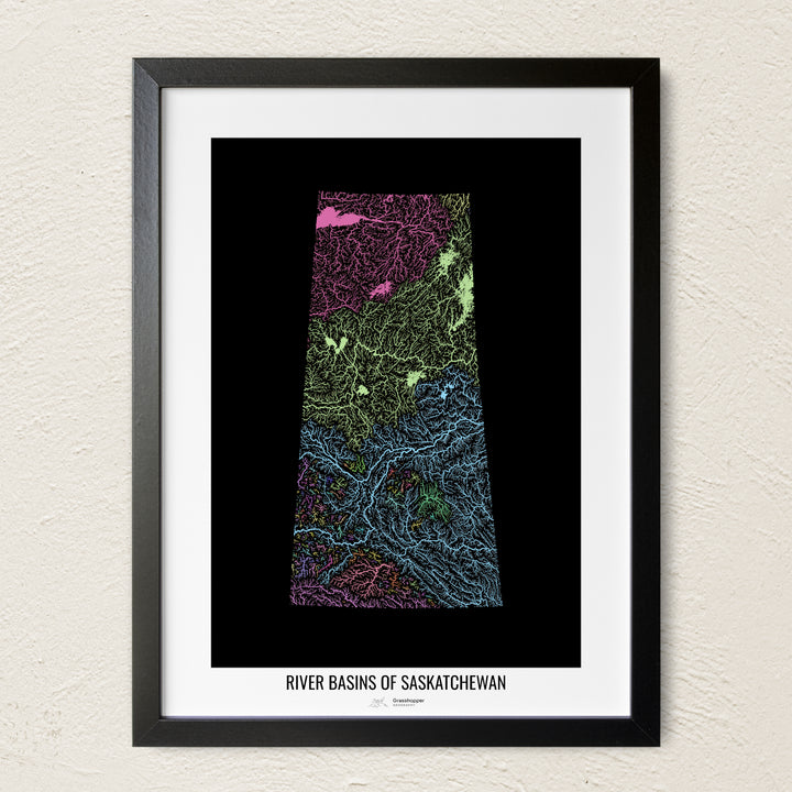 A colorful Grasshopper Geography river map on a light wall. The premium fine art poster is in a black frame with a white border. The name of the country, continent or region is printed under the image.