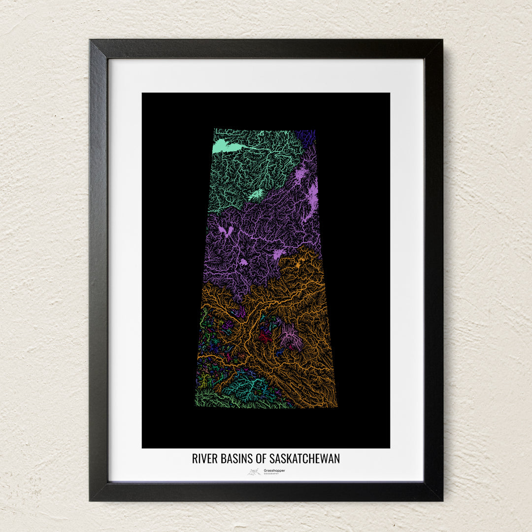 A colorful Grasshopper Geography river map on a light wall. The premium fine art poster is in a black frame with a white border. The name of the country, continent or region is printed under the image.