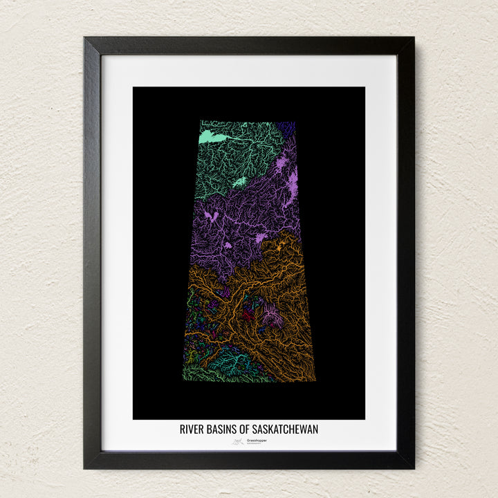 A colorful Grasshopper Geography river map on a light wall. The premium fine art poster is in a black frame with a white border. The name of the country, continent or region is printed under the image.
