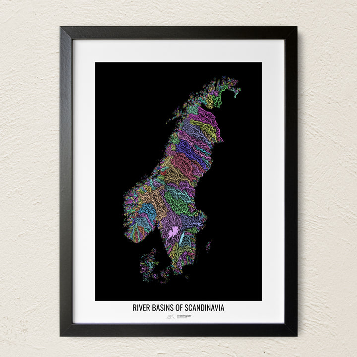 A colorful Grasshopper Geography river map on a light wall. The premium fine art poster is in a black frame with a white border. The name of the country, continent or region is printed under the image.
