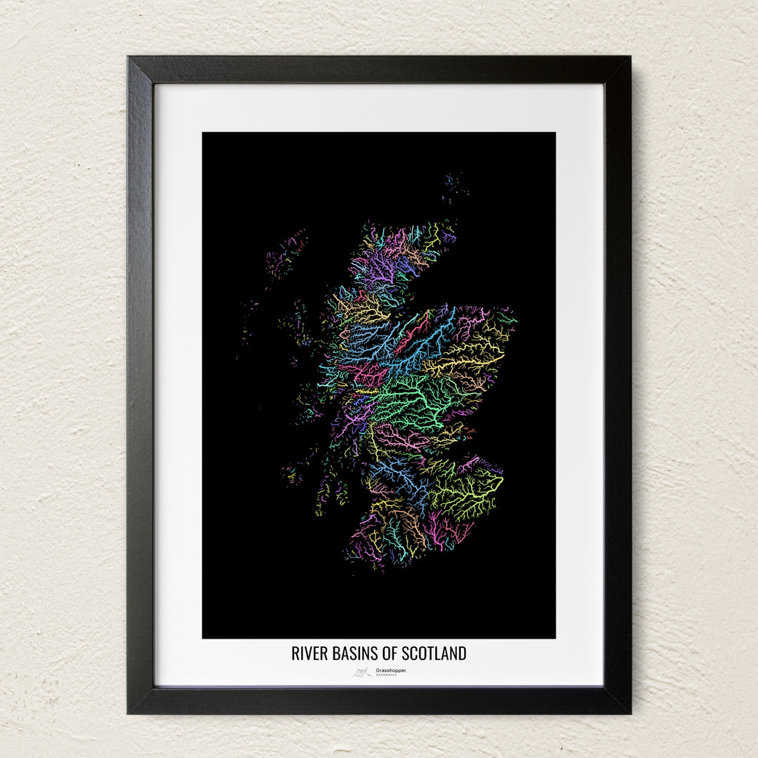 A colorful Grasshopper Geography river map on a light wall. The premium fine art poster is in a black frame with a white border. The name of the country, continent or region is printed under the image.