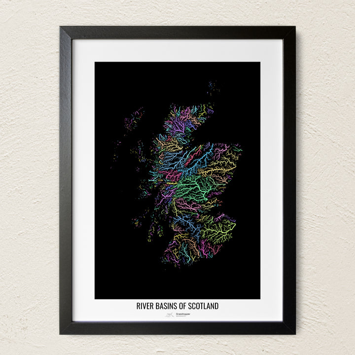 A colorful Grasshopper Geography river map on a light wall. The premium fine art poster is in a black frame with a white border. The name of the country, continent or region is printed under the image.