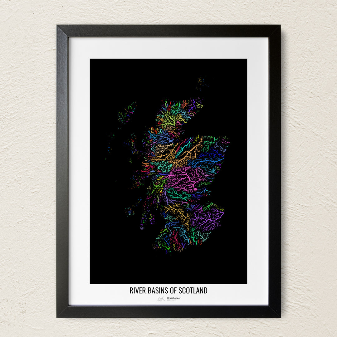A colorful Grasshopper Geography river map on a light wall. The premium fine art poster is in a black frame with a white border. The name of the country, continent or region is printed under the image.