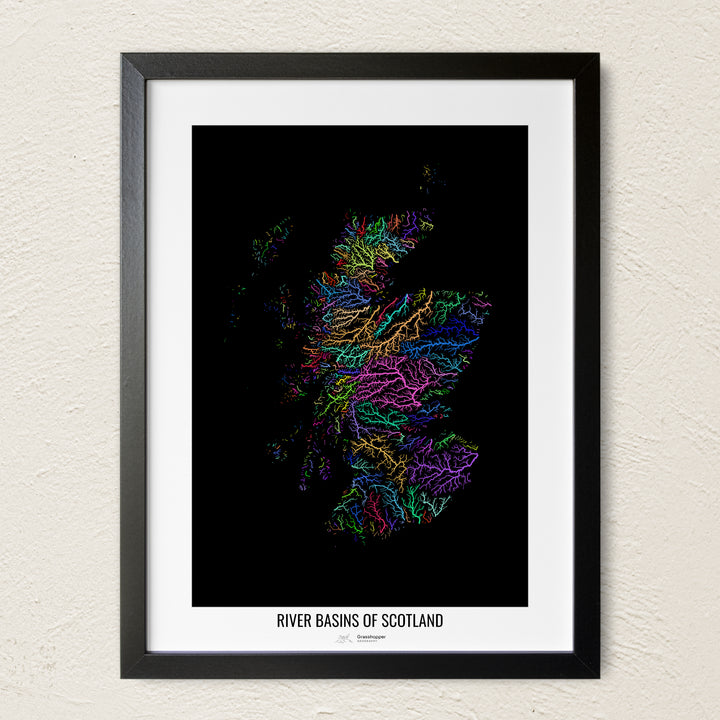 A colorful Grasshopper Geography river map on a light wall. The premium fine art poster is in a black frame with a white border. The name of the country, continent or region is printed under the image.