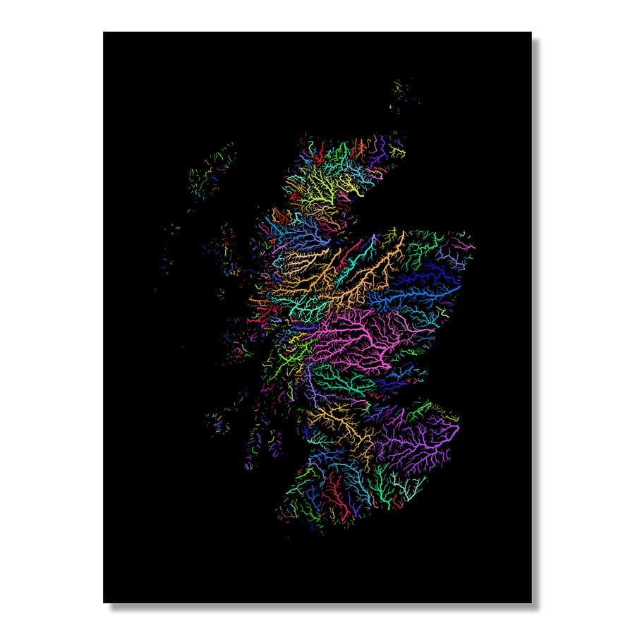 Scotland - River basin map, rainbow colours - Wall Art by Grasshopper Geography. Image of a high-resolution map created by geographer Robert Szucs, available as wall art and for licensing.