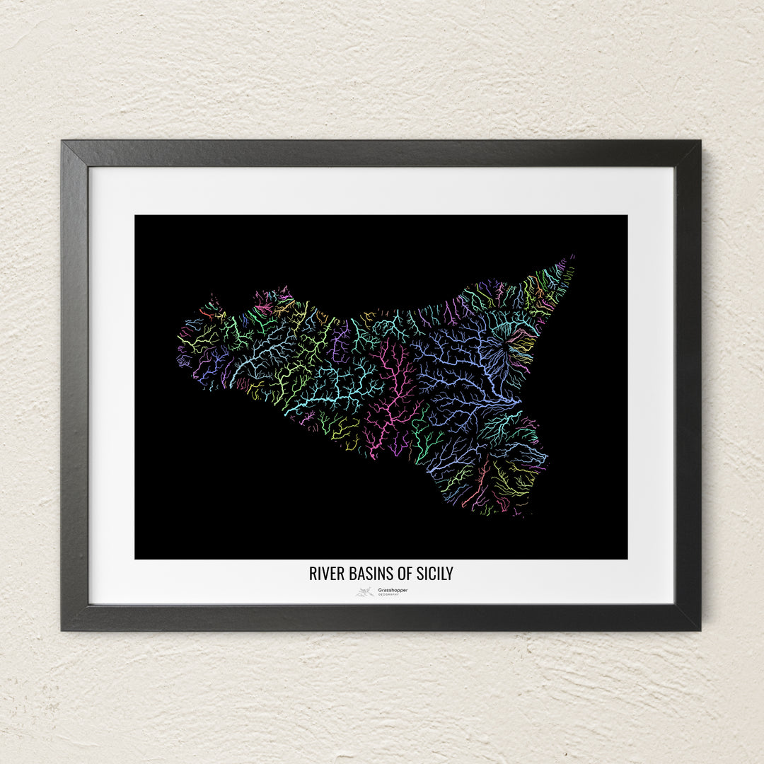 A colorful Grasshopper Geography river map on a light wall. The premium fine art poster is in a black frame with a white border. The name of the country, continent or region is printed under the image.