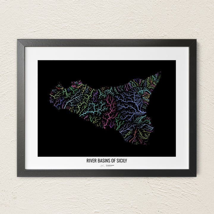 A colorful Grasshopper Geography river map on a light wall. The premium fine art poster is in a black frame with a white border. The name of the country, continent or region is printed under the image.