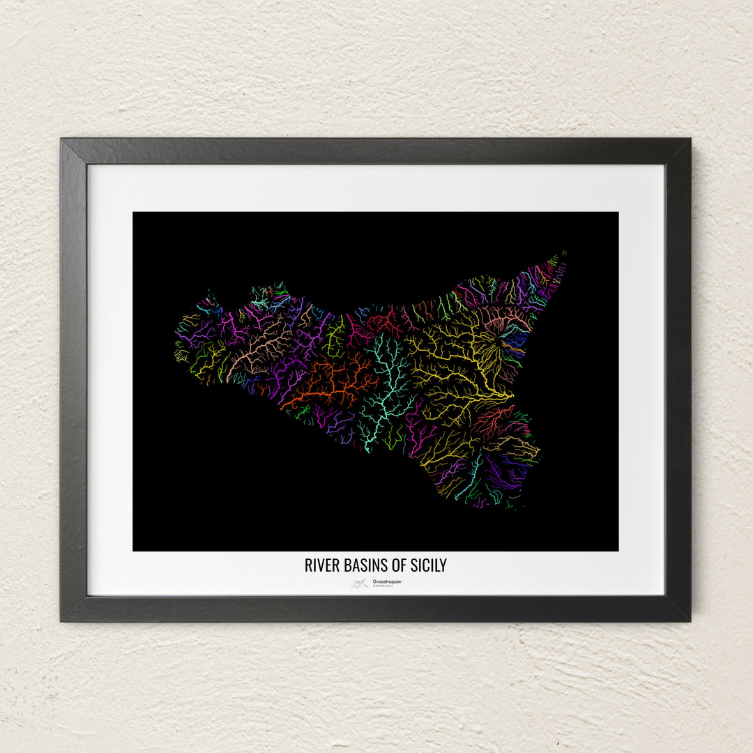 A colorful Grasshopper Geography river map on a light wall. The premium fine art poster is in a black frame with a white border. The name of the country, continent or region is printed under the image.