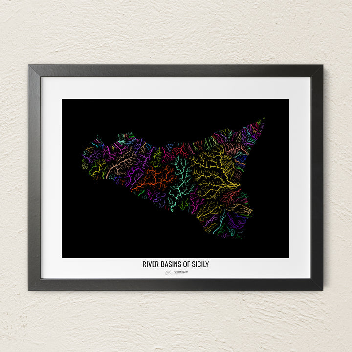 A colorful Grasshopper Geography river map on a light wall. The premium fine art poster is in a black frame with a white border. The name of the country, continent or region is printed under the image.