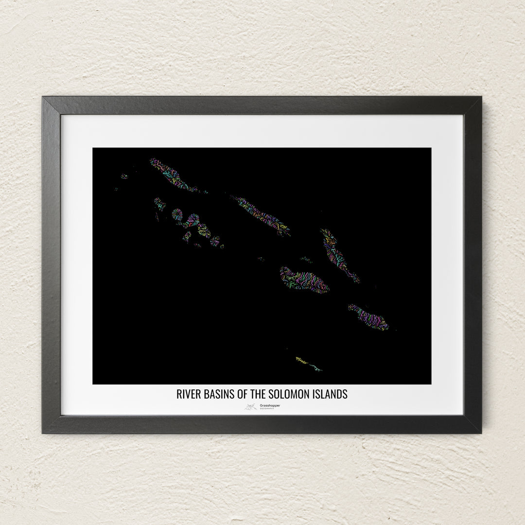 A colorful Grasshopper Geography river map on a light wall. The premium fine art poster is in a black frame with a white border. The name of the country, continent or region is printed under the image.