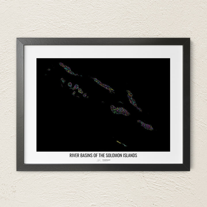 A colorful Grasshopper Geography river map on a light wall. The premium fine art poster is in a black frame with a white border. The name of the country, continent or region is printed under the image.