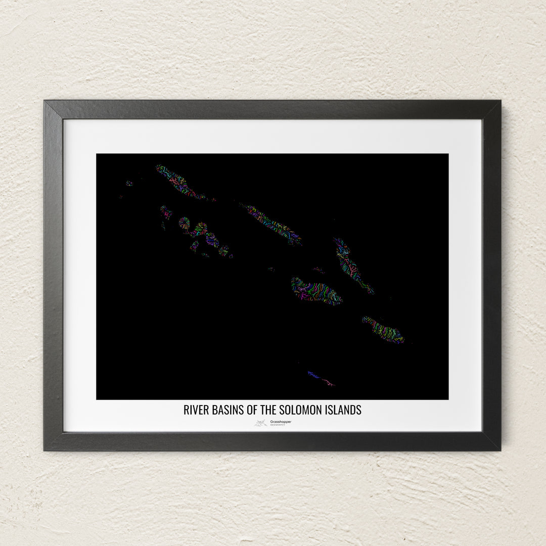 A colorful Grasshopper Geography river map on a light wall. The premium fine art poster is in a black frame with a white border. The name of the country, continent or region is printed under the image.