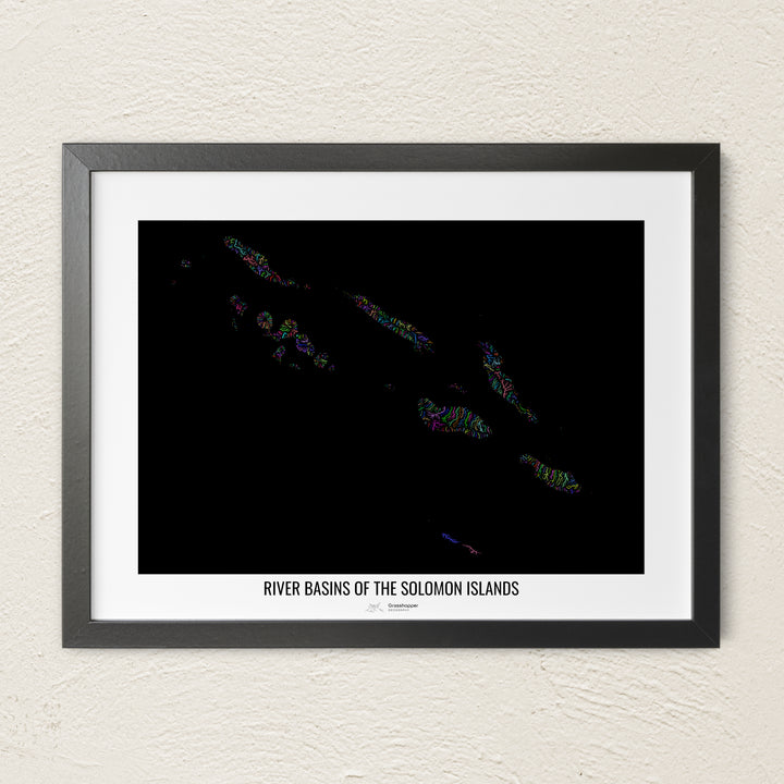 A colorful Grasshopper Geography river map on a light wall. The premium fine art poster is in a black frame with a white border. The name of the country, continent or region is printed under the image.