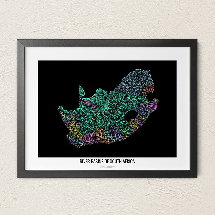A colorful Grasshopper Geography river map on a light wall. The premium fine art poster is in a black frame with a white border. The name of the country, continent or region is printed under the image.