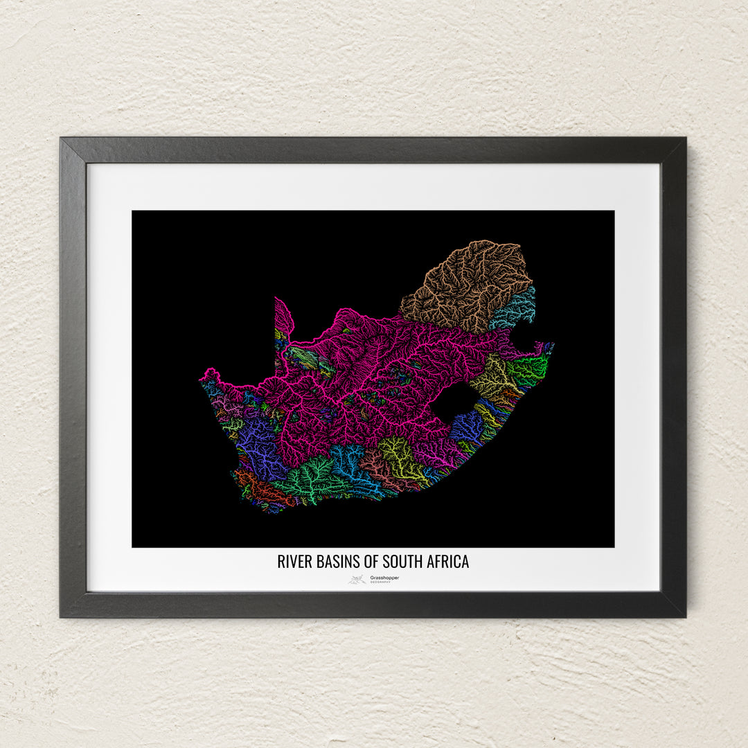 A colorful Grasshopper Geography river map on a light wall. The premium fine art poster is in a black frame with a white border. The name of the country, continent or region is printed under the image.