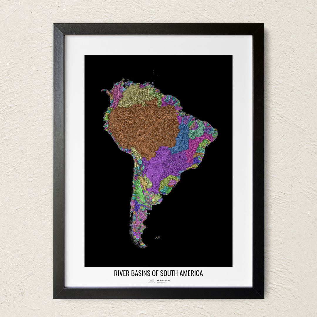 A colorful Grasshopper Geography river map on a light wall. The premium fine art poster is in a black frame with a white border. The name of the country, continent or region is printed under the image.