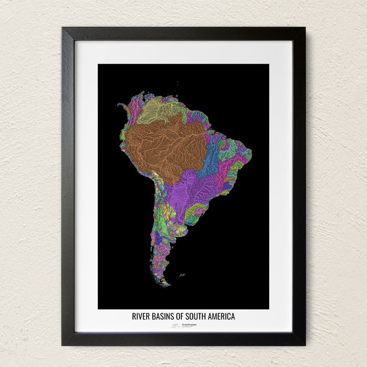 A colorful Grasshopper Geography river map on a light wall. The premium fine art poster is in a black frame with a white border. The name of the country, continent or region is printed under the image.