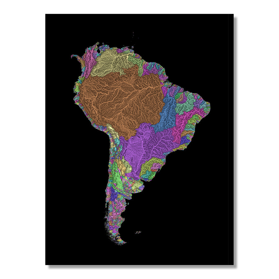 South America - River basin map, pastel colours - Wall Art by Grasshopper Geography. Image of a high-resolution map created by geographer Robert Szucs, available as wall art and for licensing.