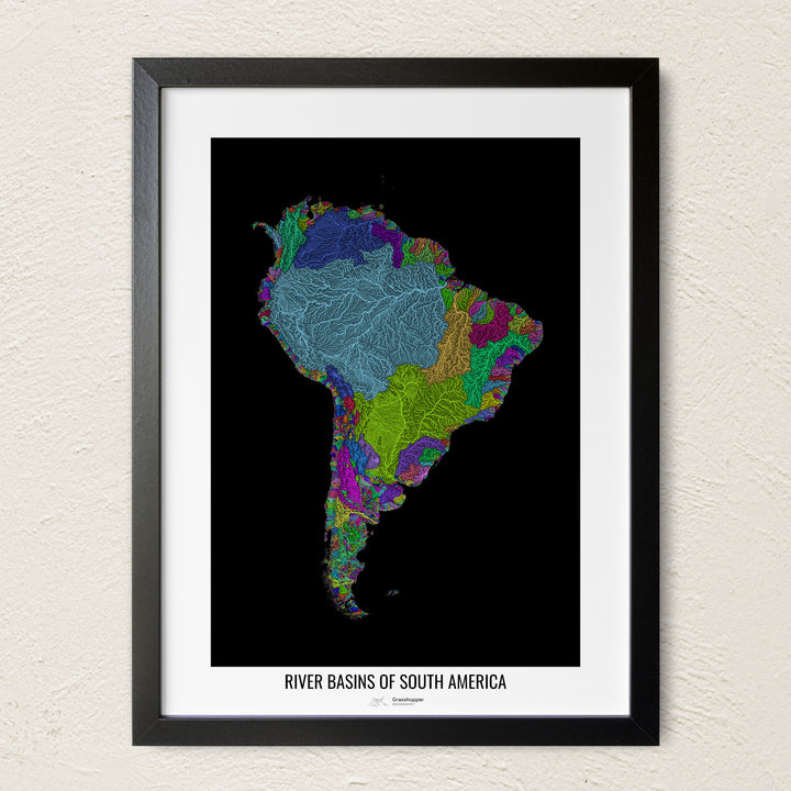 A colorful Grasshopper Geography river map on a light wall. The premium fine art poster is in a black frame with a white border. The name of the country, continent or region is printed under the image.