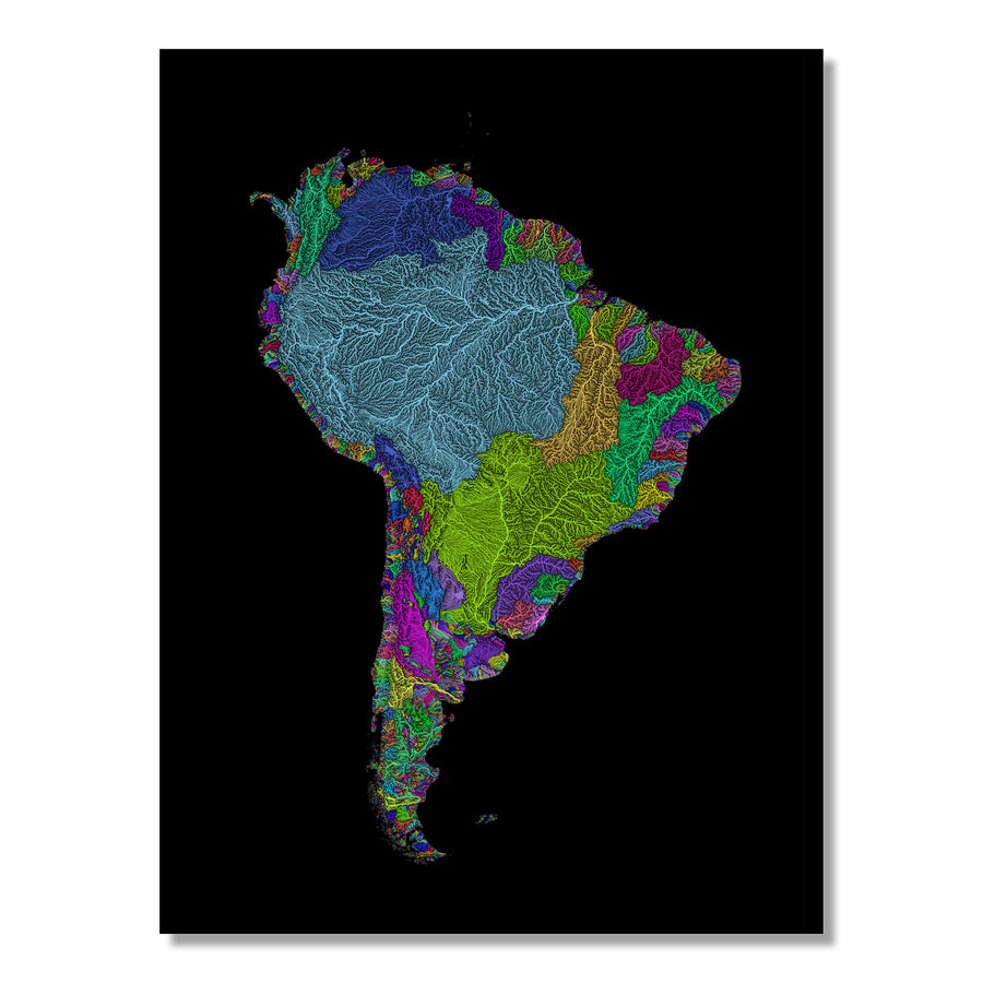 South America - River basin map, rainbow colours - Wall Art by Grasshopper Geography. Image of a high-resolution map created by geographer Robert Szucs, available as wall art and for licensing.