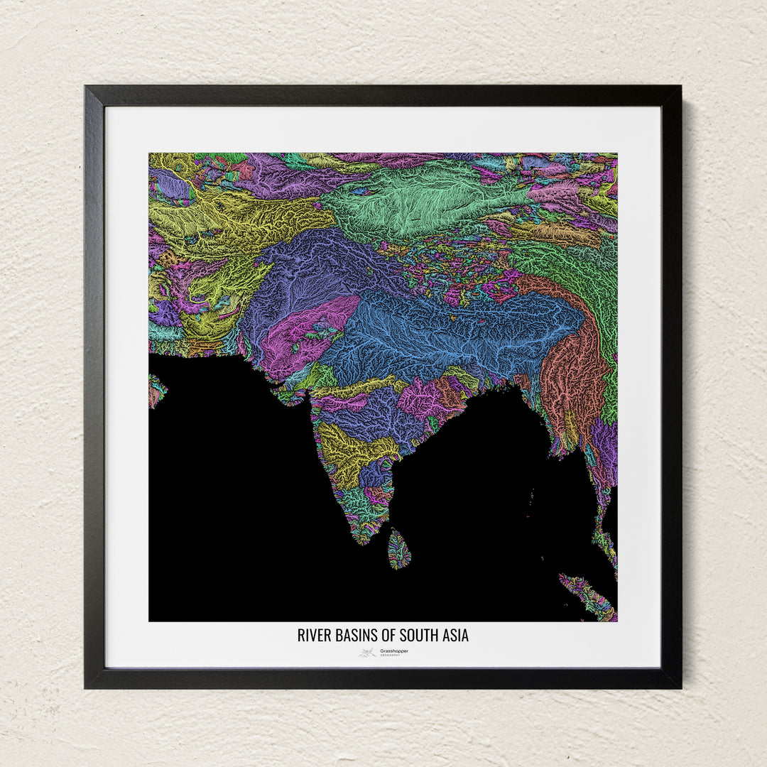 A colorful Grasshopper Geography river map on a light wall. The premium fine art poster is in a black frame with a white border. The name of the country, continent or region is printed under the image.