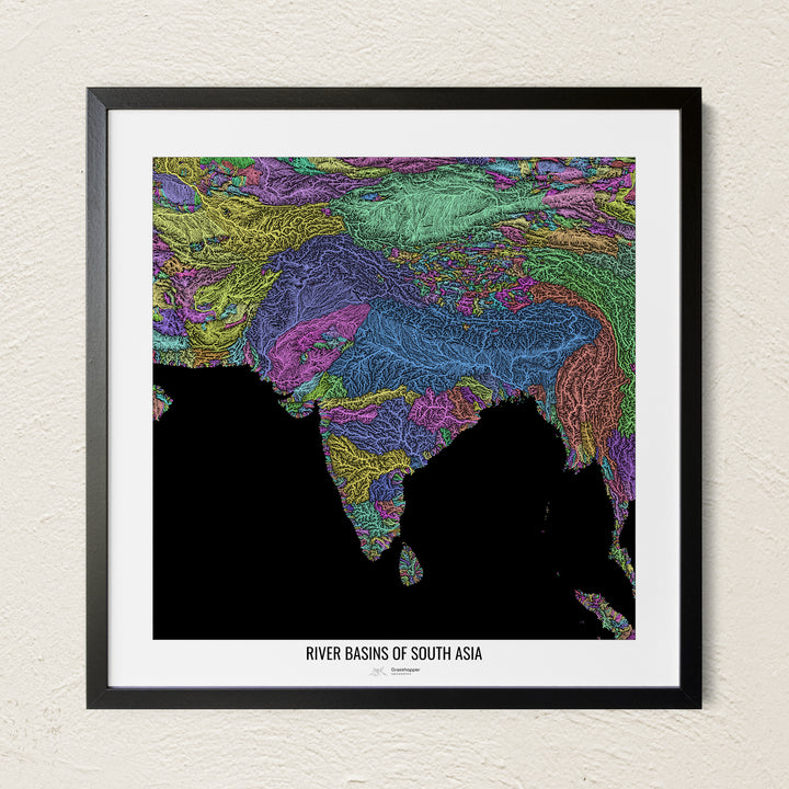 A colorful Grasshopper Geography river map on a light wall. The premium fine art poster is in a black frame with a white border. The name of the country, continent or region is printed under the image.