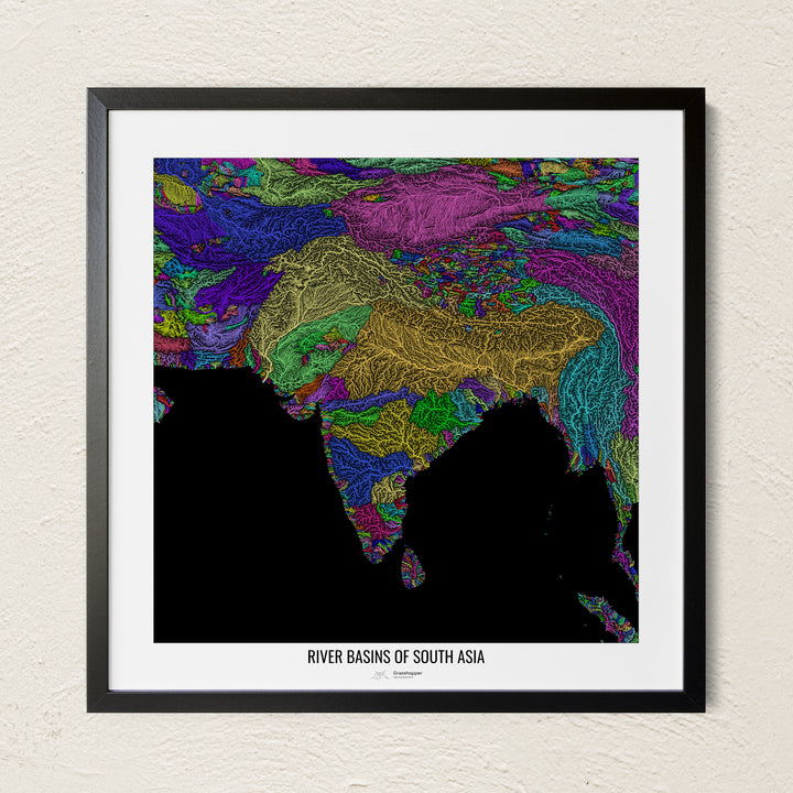 A colorful Grasshopper Geography river map on a light wall. The premium fine art poster is in a black frame with a white border. The name of the country, continent or region is printed under the image.