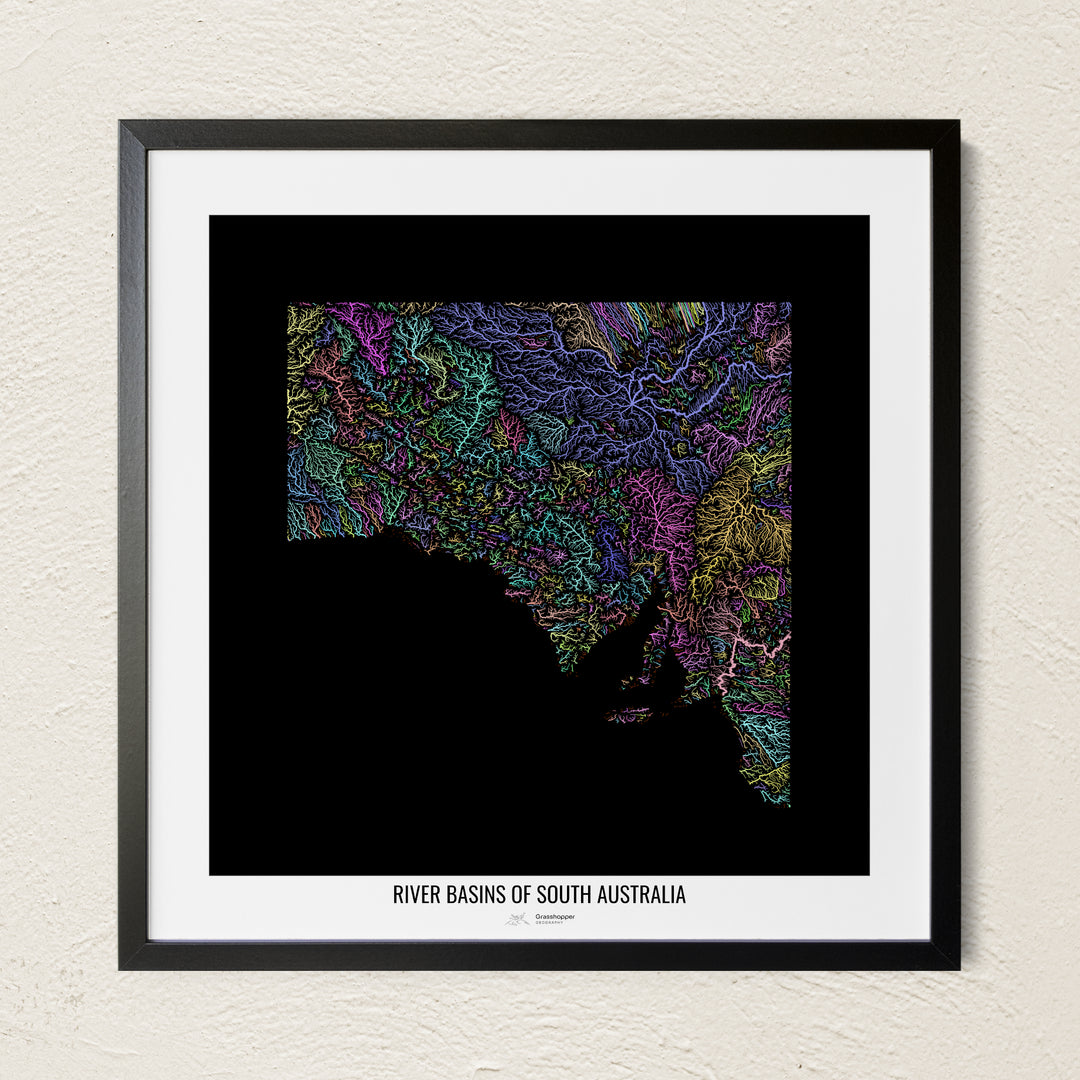 A colorful Grasshopper Geography river map on a light wall. The premium fine art poster is in a black frame with a white border. The name of the country, continent or region is printed under the image.