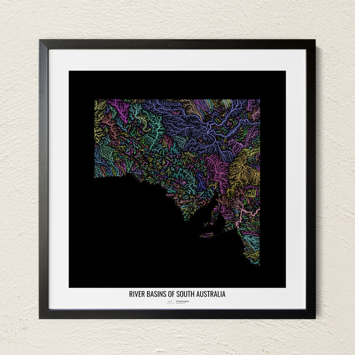 A colorful Grasshopper Geography river map on a light wall. The premium fine art poster is in a black frame with a white border. The name of the country, continent or region is printed under the image.