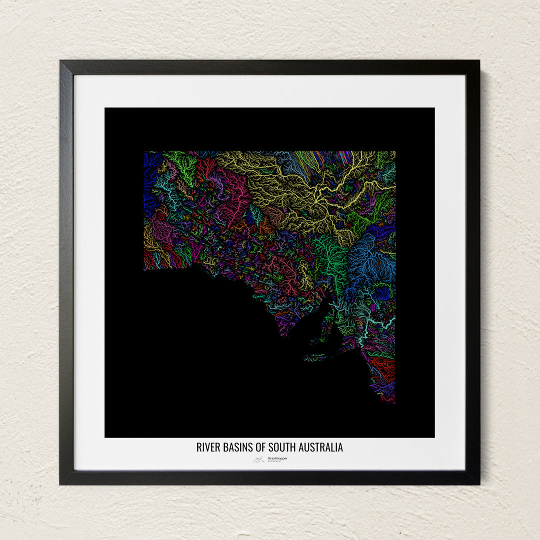 A colorful Grasshopper Geography river map on a light wall. The premium fine art poster is in a black frame with a white border. The name of the country, continent or region is printed under the image.