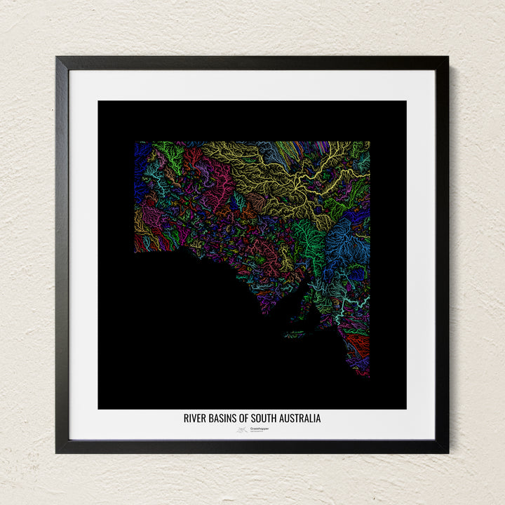A colorful Grasshopper Geography river map on a light wall. The premium fine art poster is in a black frame with a white border. The name of the country, continent or region is printed under the image.