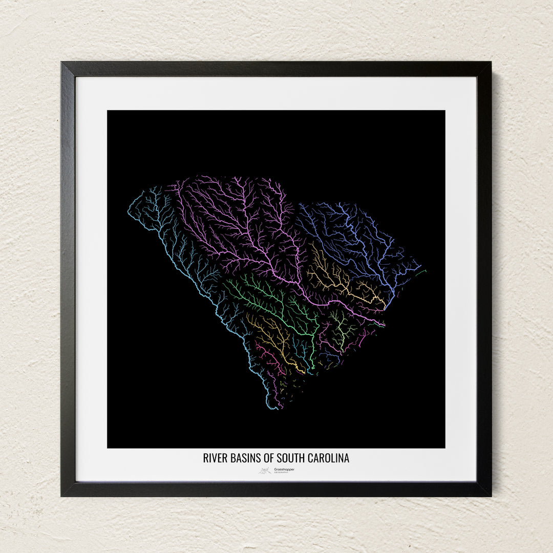 A colorful Grasshopper Geography river map on a light wall. The premium fine art poster is in a black frame with a white border. The name of the country, continent or region is printed under the image.