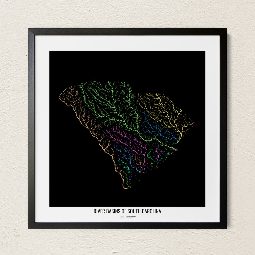 A colorful Grasshopper Geography river map on a light wall. The premium fine art poster is in a black frame with a white border. The name of the country, continent or region is printed under the image.