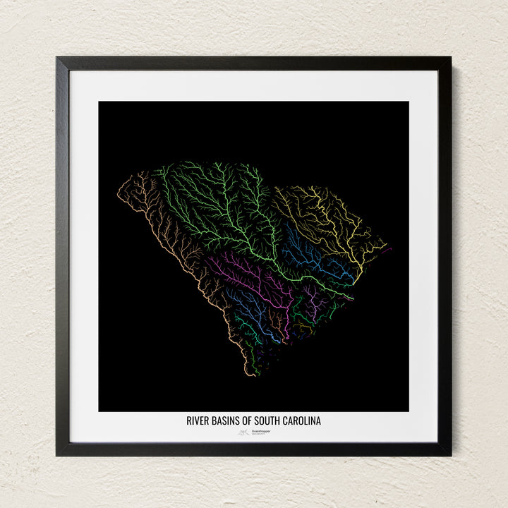 A colorful Grasshopper Geography river map on a light wall. The premium fine art poster is in a black frame with a white border. The name of the country, continent or region is printed under the image.