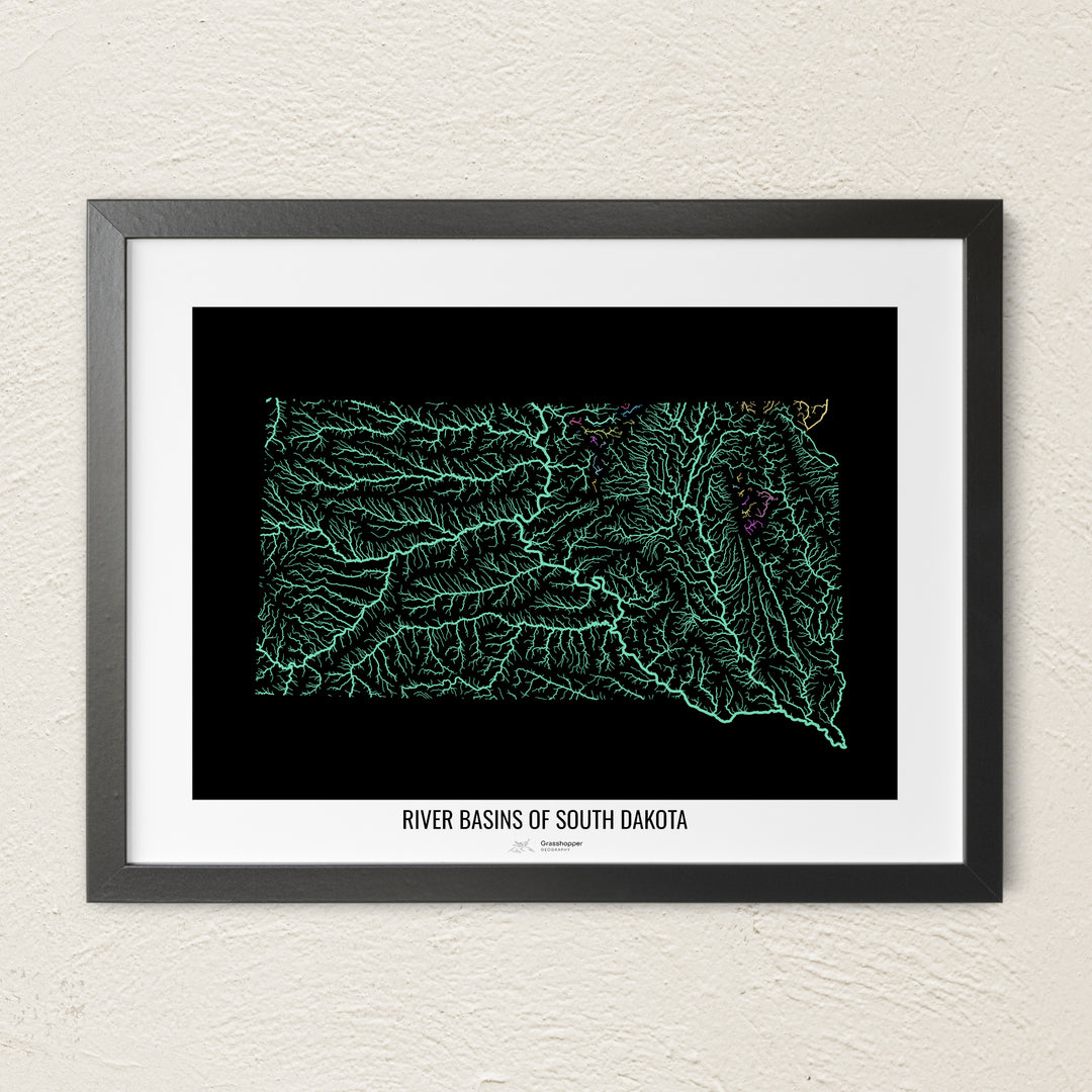 A colorful Grasshopper Geography river map on a light wall. The premium fine art poster is in a black frame with a white border. The name of the country, continent or region is printed under the image.