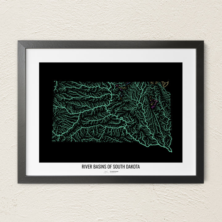 A colorful Grasshopper Geography river map on a light wall. The premium fine art poster is in a black frame with a white border. The name of the country, continent or region is printed under the image.