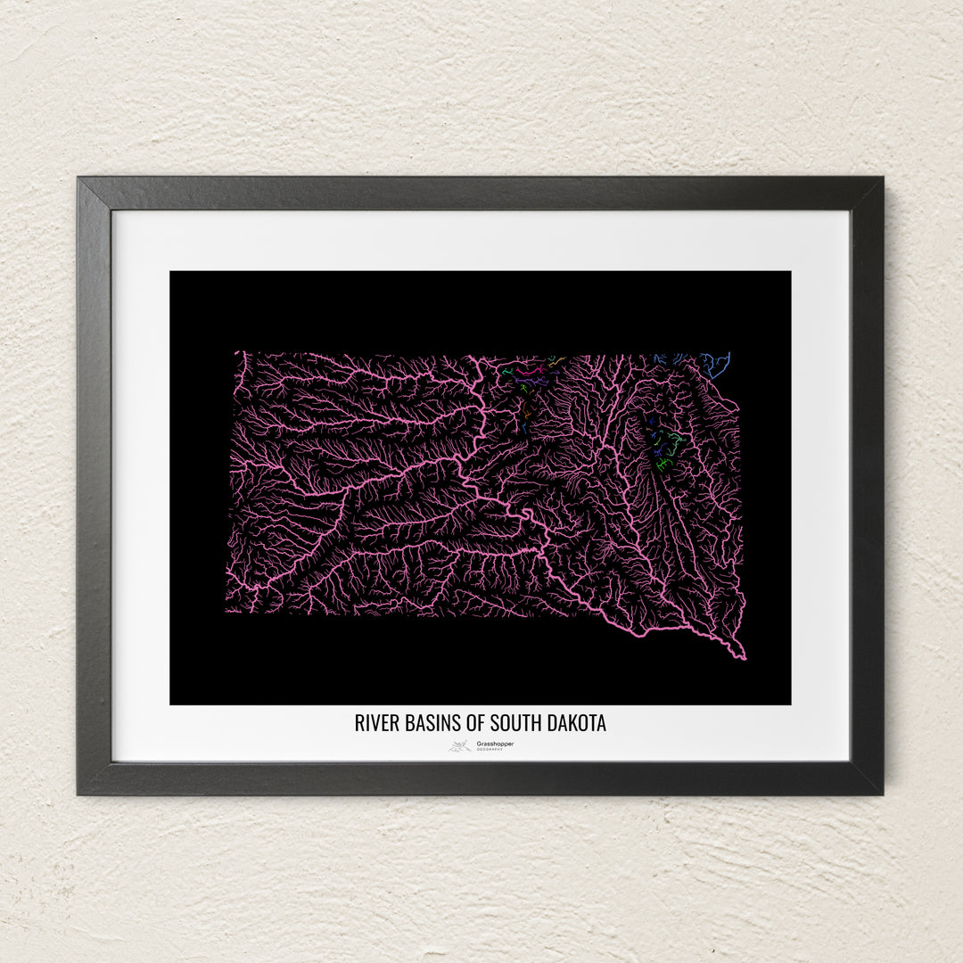 A colorful Grasshopper Geography river map on a light wall. The premium fine art poster is in a black frame with a white border. The name of the country, continent or region is printed under the image.