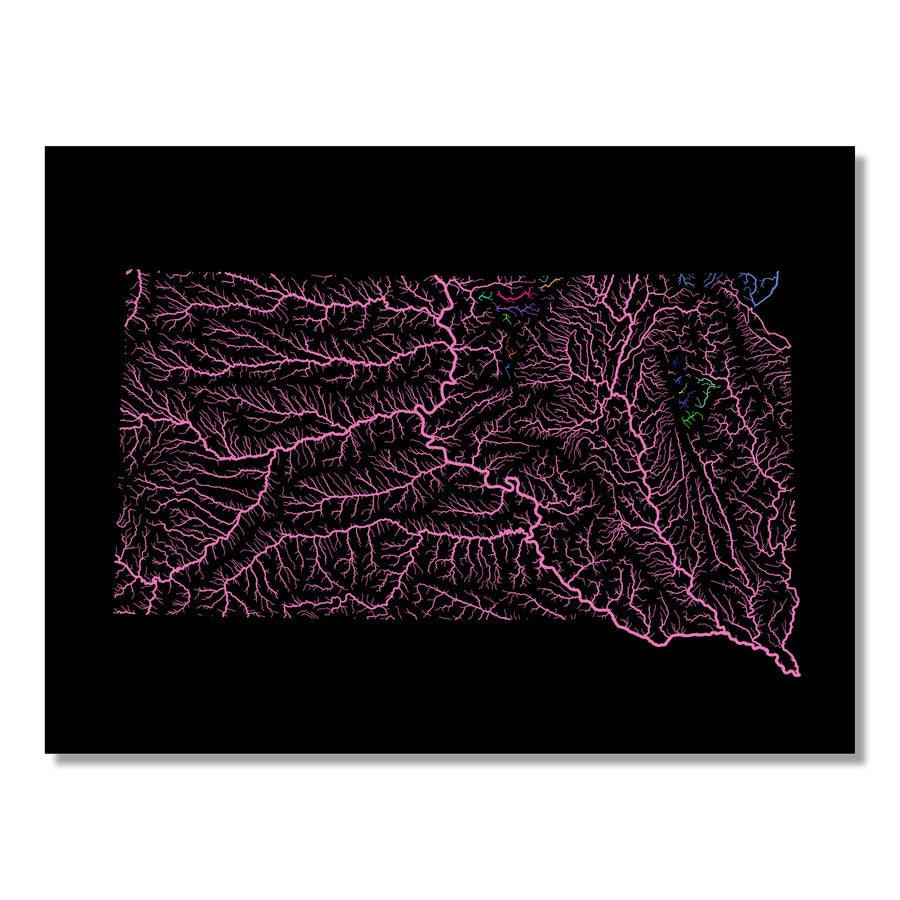 South Dakota - River basin map, rainbow colours - Wall Art by Grasshopper Geography. Image of a high-resolution map created by geographer Robert Szucs, available as wall art and for licensing.