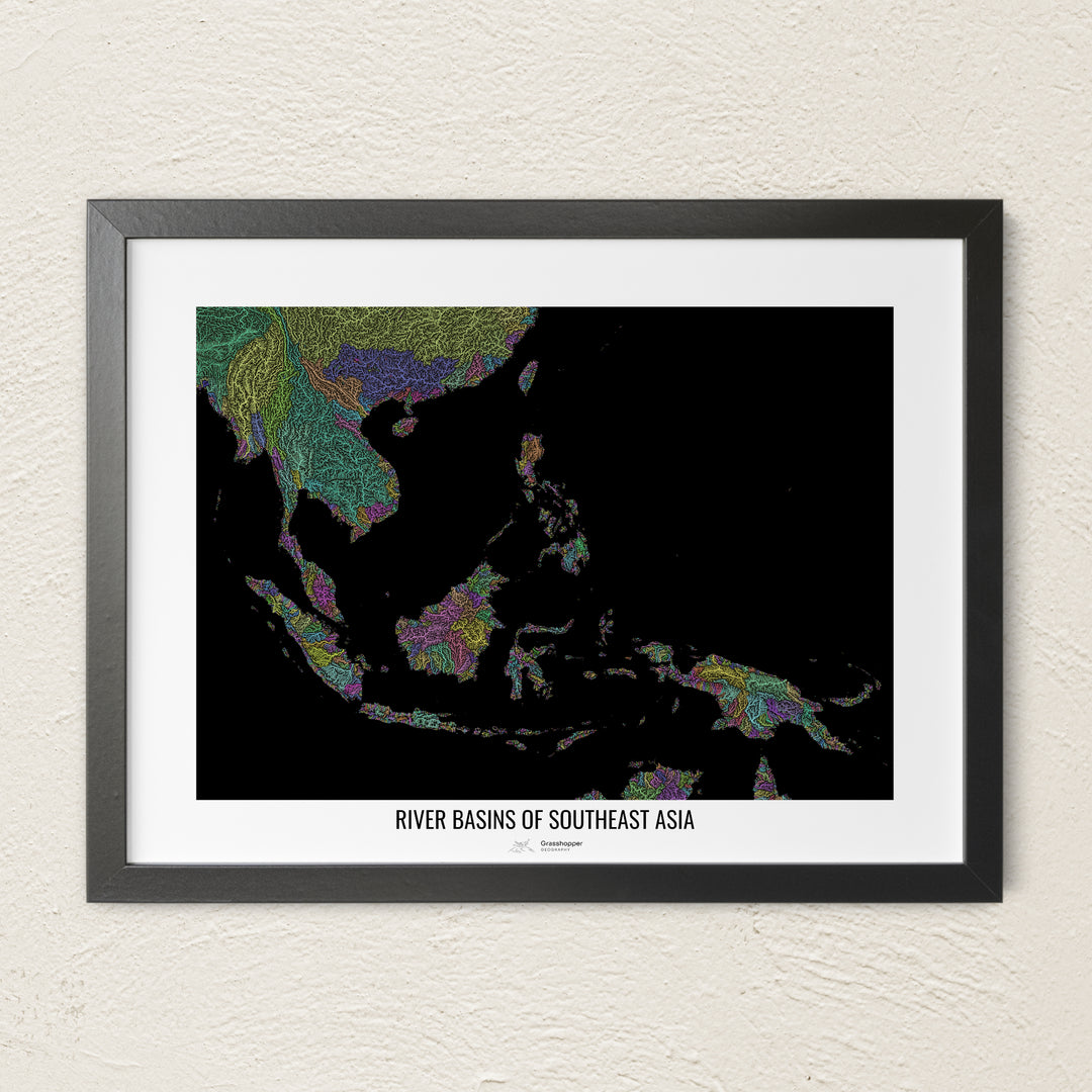 A colorful Grasshopper Geography river map on a light wall. The premium fine art poster is in a black frame with a white border. The name of the country, continent or region is printed under the image.