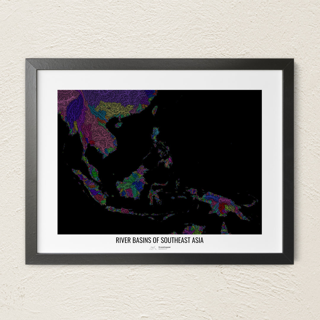 A colorful Grasshopper Geography river map on a light wall. The premium fine art poster is in a black frame with a white border. The name of the country, continent or region is printed under the image.