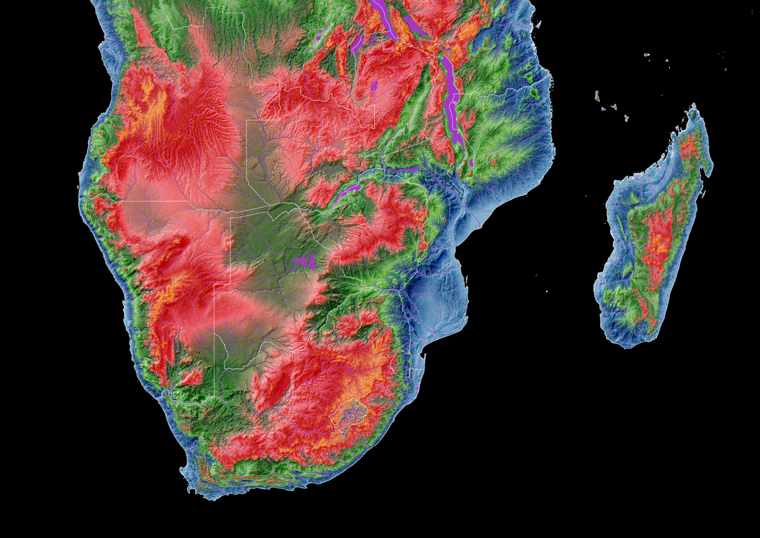 Cartes personnalisées des bassins fluviaux et d'élévation de l'Afrique australe