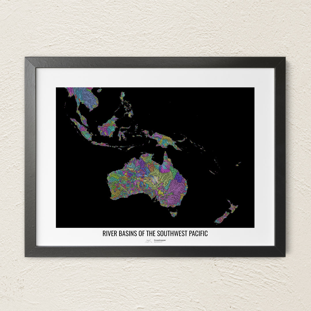 A colorful Grasshopper Geography river map on a light wall. The premium fine art poster is in a black frame with a white border. The name of the country, continent or region is printed under the image.