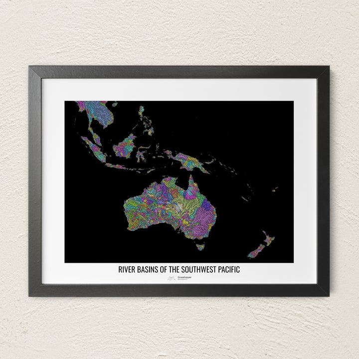 A colorful Grasshopper Geography river map on a light wall. The premium fine art poster is in a black frame with a white border. The name of the country, continent or region is printed under the image.