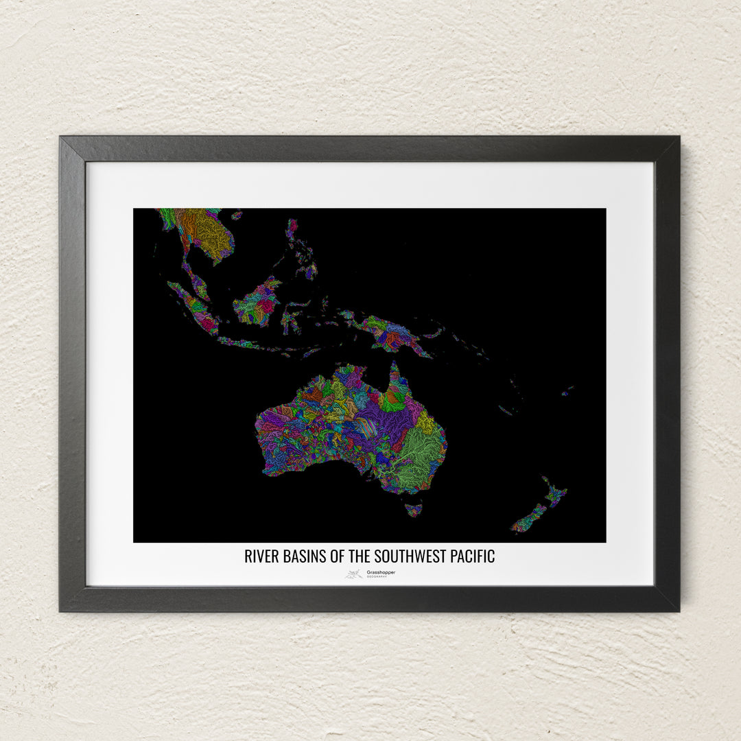 A colorful Grasshopper Geography river map on a light wall. The premium fine art poster is in a black frame with a white border. The name of the country, continent or region is printed under the image.