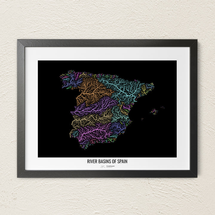 A colorful Grasshopper Geography river map on a light wall. The premium fine art poster is in a black frame with a white border. The name of the country, continent or region is printed under the image.