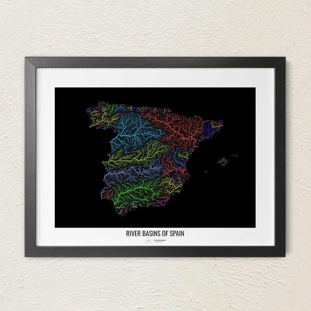 A colorful Grasshopper Geography river map on a light wall. The premium fine art poster is in a black frame with a white border. The name of the country, continent or region is printed under the image.