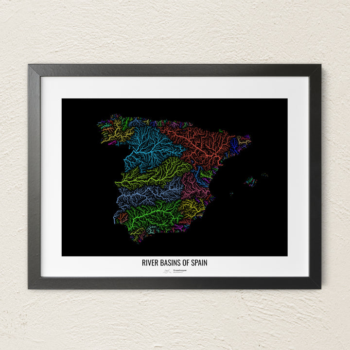 A colorful Grasshopper Geography river map on a light wall. The premium fine art poster is in a black frame with a white border. The name of the country, continent or region is printed under the image.