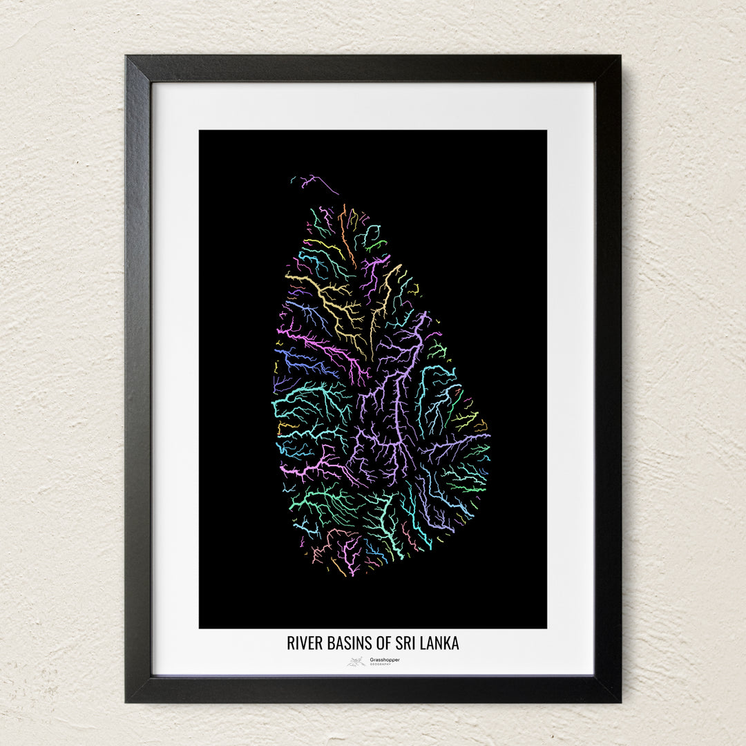 A colorful Grasshopper Geography river map on a light wall. The premium fine art poster is in a black frame with a white border. The name of the country, continent or region is printed under the image.